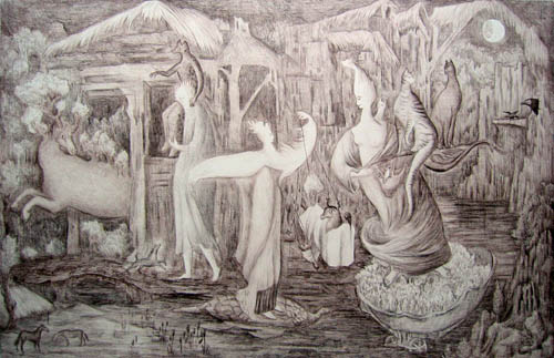 Leonora Carrington - Tuesday - state I - 1987 sepia lithograph